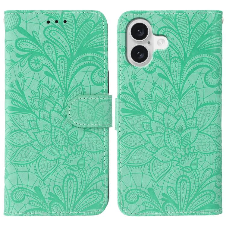 レースフラワーエンボスフリップレザー電話ケース、iPhone 17e / 16e用、iPhone 17 Pro Max用、iPhone 17 Pro用、iPhone 17用、iPhone Air用、iPhone 16 Pro Max用、iPhone 16 Pro用、iPhone 16 Plus用
