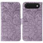 レースフラワーエンボスフリップレザー電話ケース、iPhone 17e / 16e用、iPhone 17 Pro Max用、iPhone 17 Pro用、iPhone 17用、iPhone Air用、iPhone 16 Pro Max用、iPhone 16 Pro用、iPhone 16 Plus用