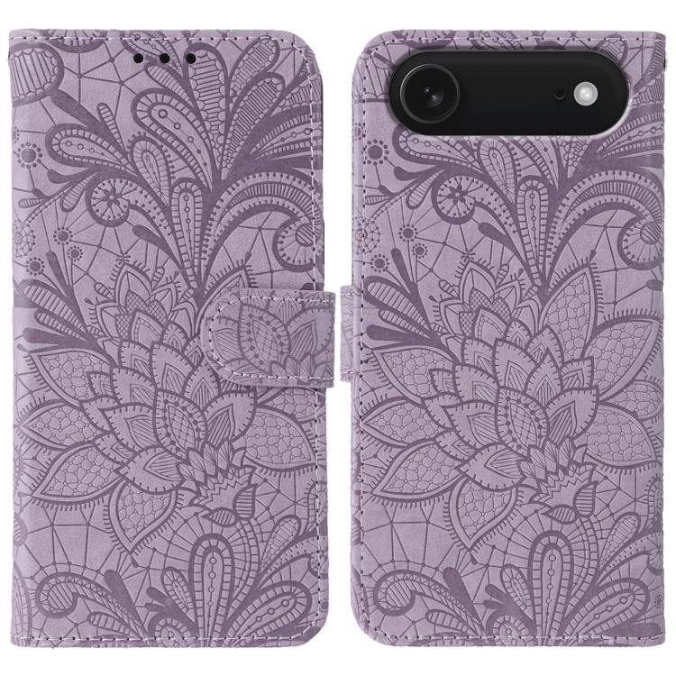 レースフラワーエンボスフリップレザー電話ケース、iPhone 17e / 16e用、iPhone 17 Pro Max用、iPhone 17 Pro用、iPhone 17用、iPhone Air用、iPhone 16 Pro Max用、iPhone 16 Pro用、iPhone 16 Plus用