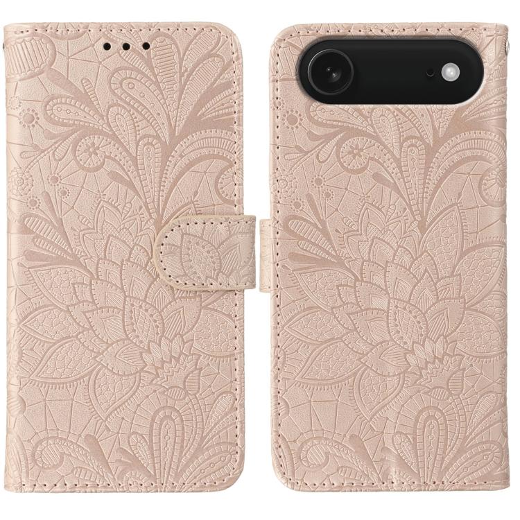 レースフラワーエンボスフリップレザー電話ケース、iPhone 17e / 16e用、iPhone 17 Pro Max用、iPhone 17 Pro用、iPhone 17用、iPhone Air用、iPhone 16 Pro Max用、iPhone 16 Pro用、iPhone 16 Plus用
