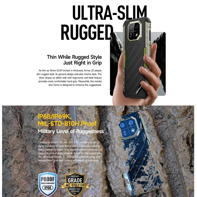 Ulefone Armor 22、IP68/IP69K 耐衝撃スマホ、6.58インチ Android 15 MediaTek Helio G96 オクタコア、ネットワーク：4G、NFC、OTG、8GB+128GB、8GB+256GB