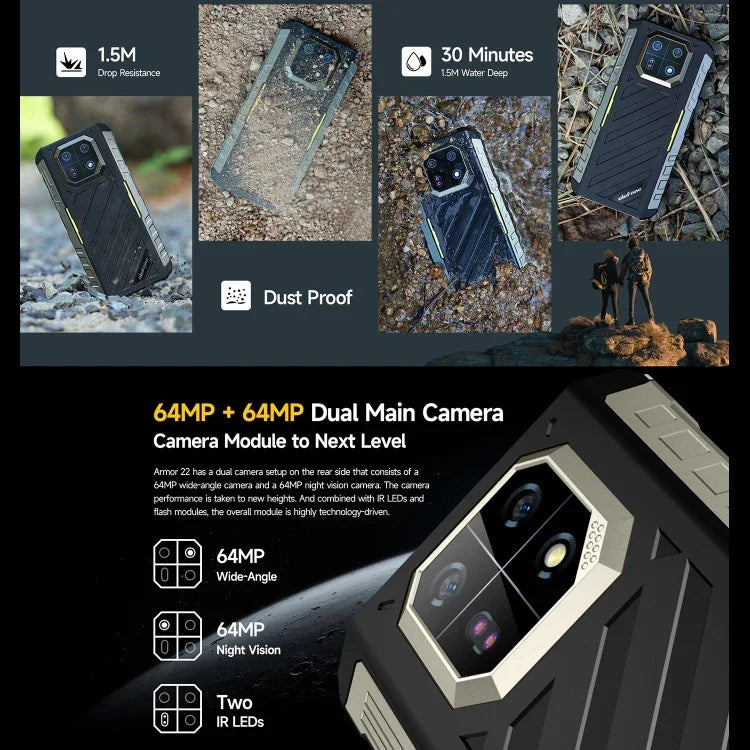 Ulefone Armor 22、IP68/IP69K 耐衝撃スマホ、6.58インチ Android 15 MediaTek Helio G96 オクタコア、ネットワーク：4G、NFC、OTG、8GB+128GB、8GB+256GB