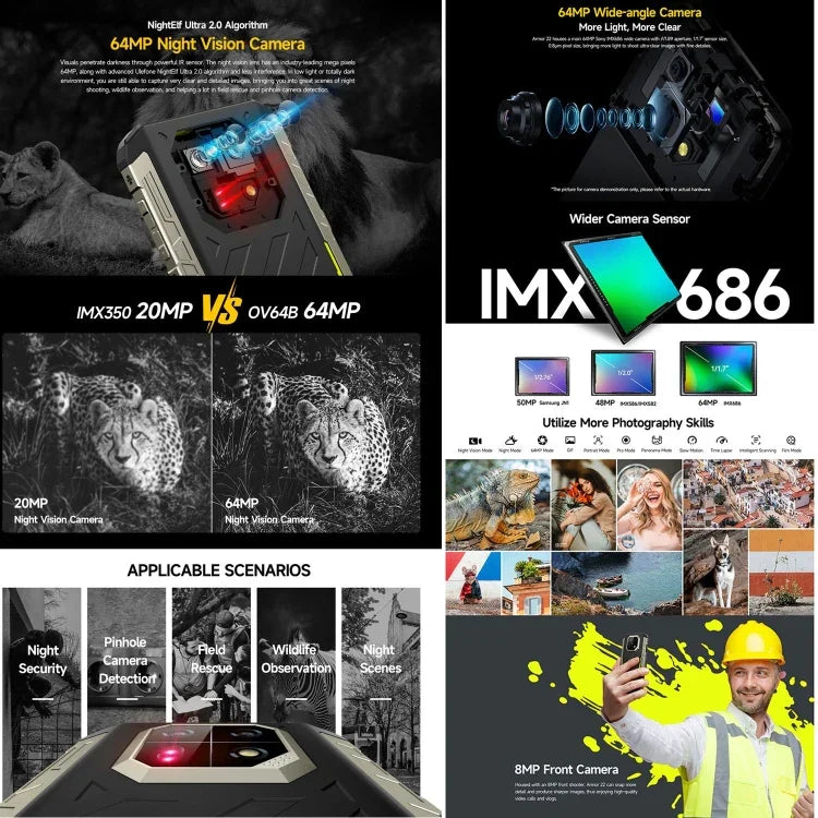 Ulefone Armor 22、IP68/IP69K 耐衝撃スマホ、6.58インチ Android 15 MediaTek Helio G96 オクタコア、ネットワーク：4G、NFC、OTG、8GB+128GB、8GB+256GB