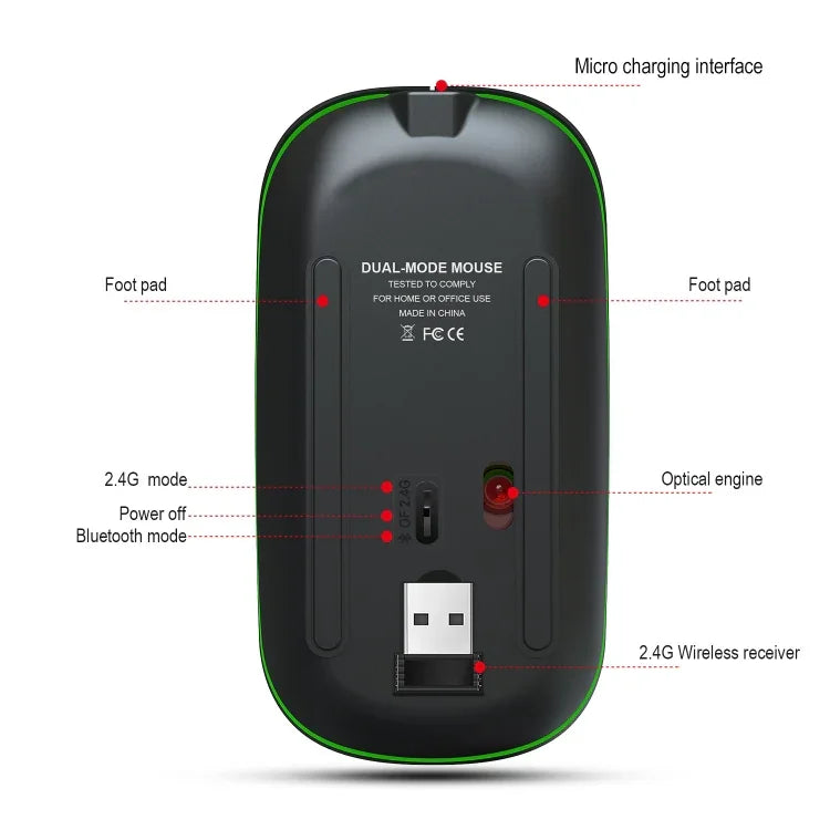 HXSJ T18 2.4GHz 1600dpi デュアルモード発光ワイヤレスマウス USB + Bluetooth 5.1 充電式