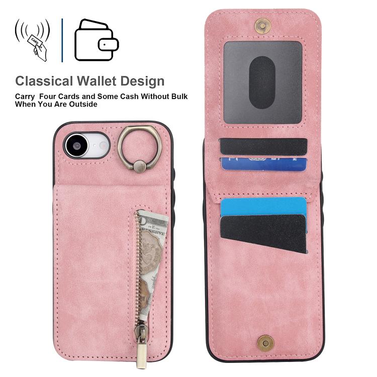 レトロリングとジッパー RFID カードスロット付き電話ケース、iPhone 17e / 16e 用、iPhone 17 Pro Max 用、iPhone 17 Pro 用、iPhone 17 用、iPhone Air 用、iPhone 16 Pro Max 用