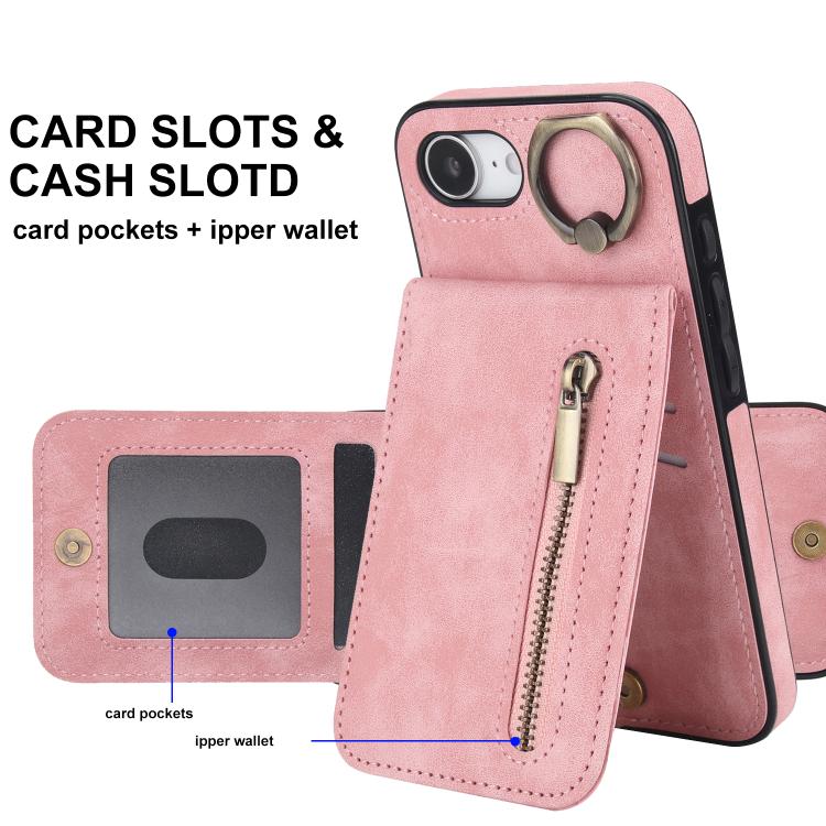 レトロリングとジッパー RFID カードスロット付き電話ケース、iPhone 17e / 16e 用、iPhone 17 Pro Max 用、iPhone 17 Pro 用、iPhone 17 用、iPhone Air 用、iPhone 16 Pro Max 用