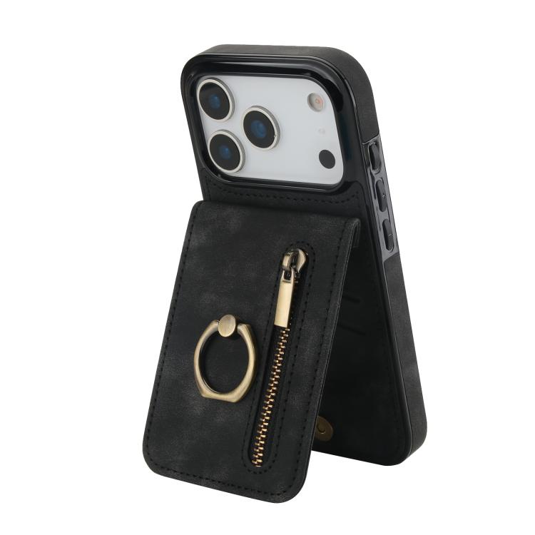 レトロリングとジッパー RFID カードスロット付き電話ケース、iPhone 17e / 16e 用、iPhone 17 Pro Max 用、iPhone 17 Pro 用、iPhone 17 用、iPhone Air 用、iPhone 16 Pro Max 用