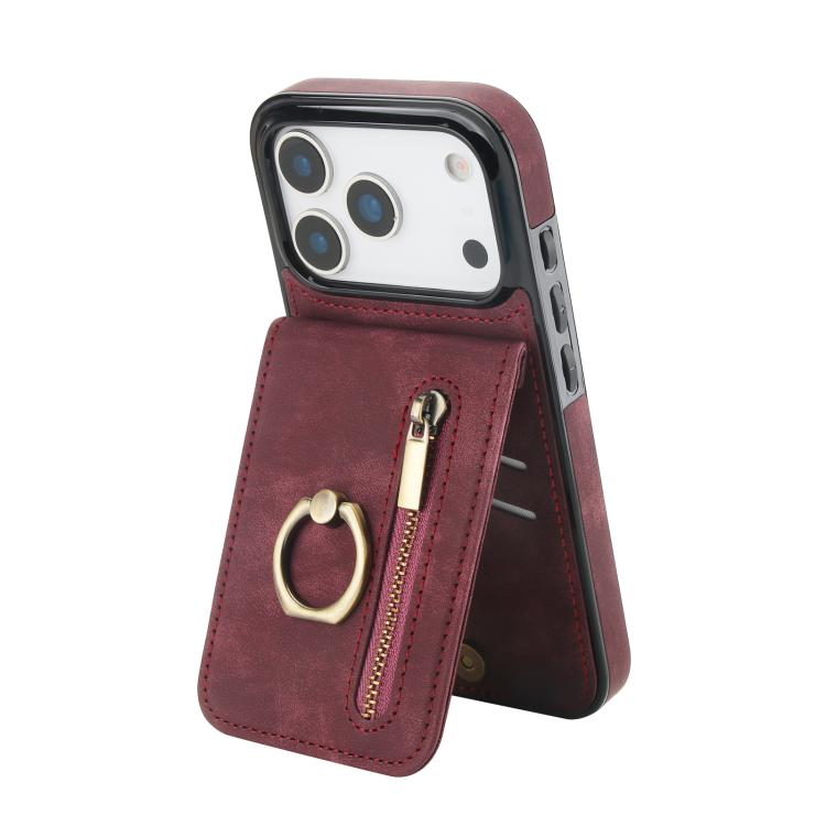 レトロリングとジッパー RFID カードスロット付き電話ケース、iPhone 17e / 16e 用、iPhone 17 Pro Max 用、iPhone 17 Pro 用、iPhone 17 用、iPhone Air 用、iPhone 16 Pro Max 用