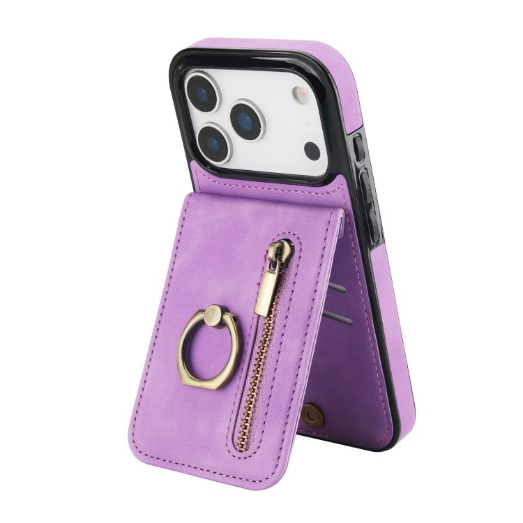 レトロリングとジッパー RFID カードスロット付き電話ケース、iPhone 17e / 16e 用、iPhone 17 Pro Max 用、iPhone 17 Pro 用、iPhone 17 用、iPhone Air 用、iPhone 16 Pro Max 用