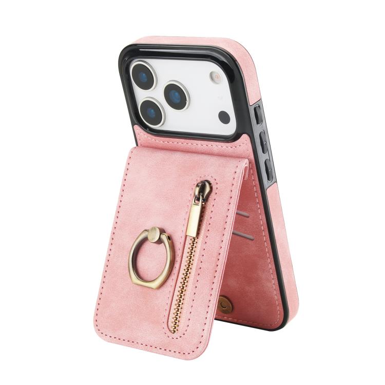 レトロリングとジッパー RFID カードスロット付き電話ケース、iPhone 17e / 16e 用、iPhone 17 Pro Max 用、iPhone 17 Pro 用、iPhone 17 用、iPhone Air 用、iPhone 16 Pro Max 用