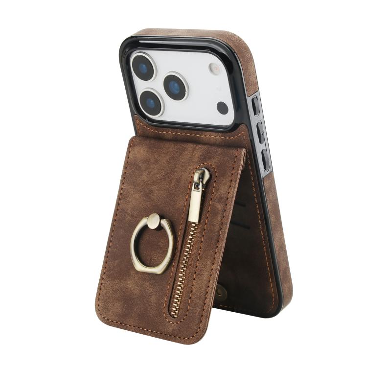 レトロリングとジッパー RFID カードスロット付き電話ケース、iPhone 17e / 16e 用、iPhone 17 Pro Max 用、iPhone 17 Pro 用、iPhone 17 用、iPhone Air 用、iPhone 16 Pro Max 用