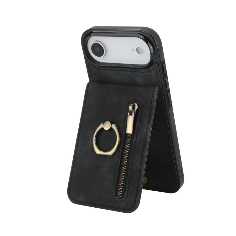 レトロリングとジッパー RFID カードスロット付き電話ケース、iPhone 17e / 16e 用、iPhone 17 Pro Max 用、iPhone 17 Pro 用、iPhone 17 用、iPhone Air 用、iPhone 16 Pro Max 用