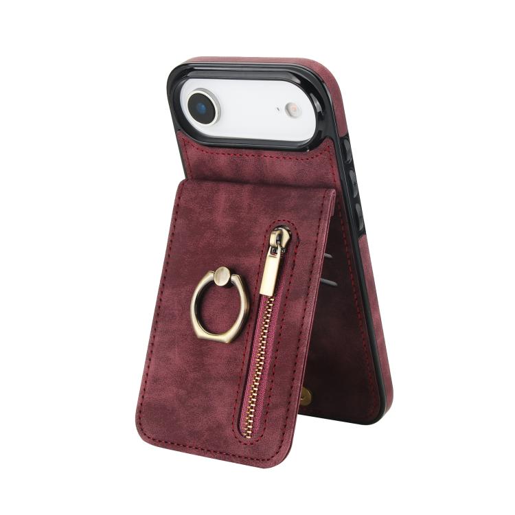 レトロリングとジッパー RFID カードスロット付き電話ケース、iPhone 17e / 16e 用、iPhone 17 Pro Max 用、iPhone 17 Pro 用、iPhone 17 用、iPhone Air 用、iPhone 16 Pro Max 用