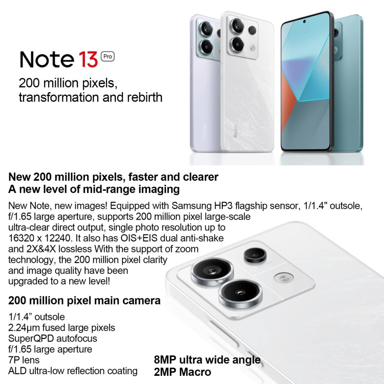 Xiaomi Redmi Note 13 Pro 5G、6.67インチ MIUI 14 Snapdragon 7s Gen 2 オクタコア 4nm 最大2.4GHz、NFC、ネットワーク：5G、16GB+512GB
