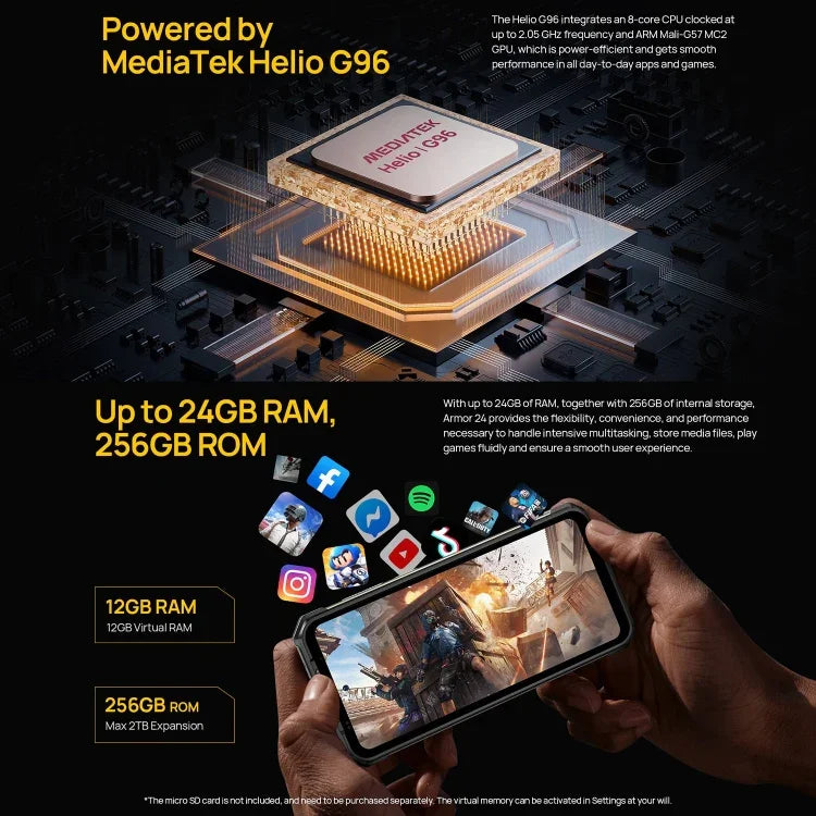 Ulefone Armor 24、耐衝撃スマホ、側面指紋認証、22000mAh、6.78インチ Android 14 MediaTek Helio G96 オクタコア、ネットワーク：4G、NFC、Armor 24