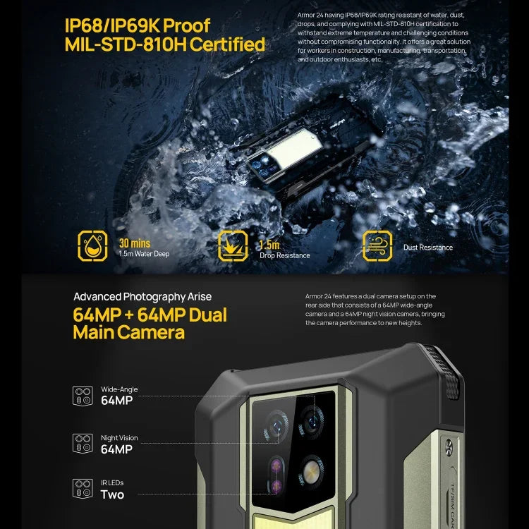 Ulefone Armor 24、耐衝撃スマホ、側面指紋認証、22000mAh、6.78インチ Android 14 MediaTek Helio G96 オクタコア、ネットワーク：4G、NFC、Armor 24