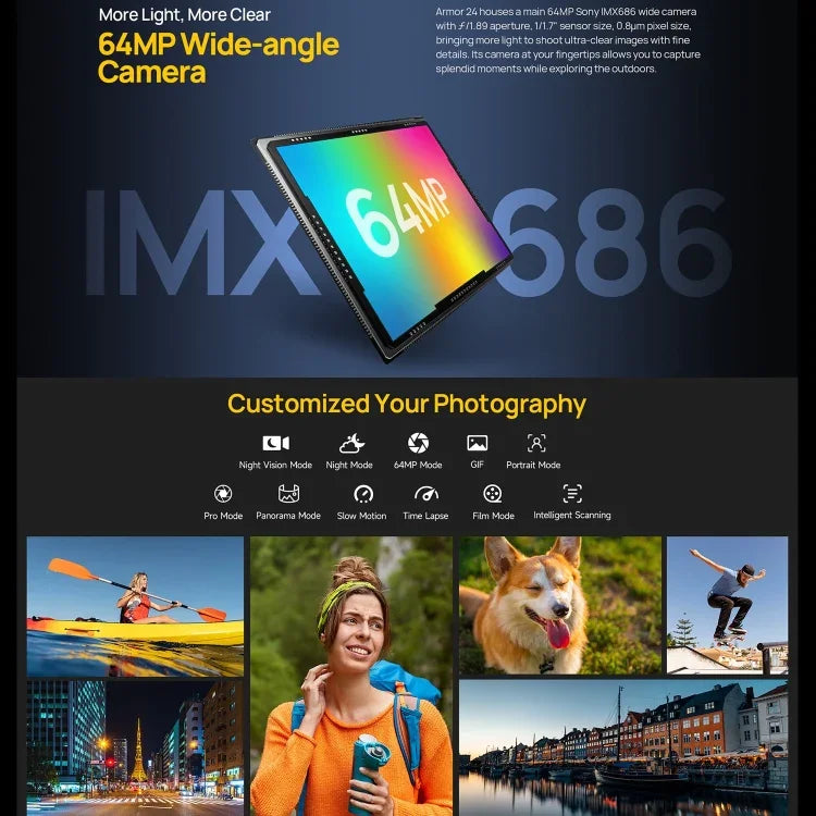 Ulefone Armor 24、耐衝撃スマホ、側面指紋認証、22000mAh、6.78インチ Android 14 MediaTek Helio G96 オクタコア、ネットワーク：4G、NFC、Armor 24