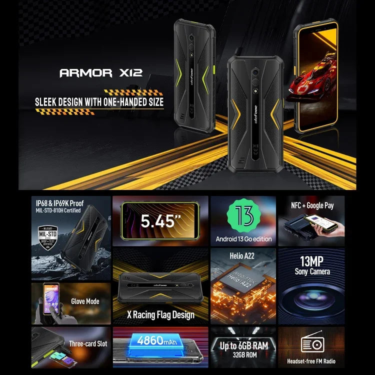 Ulefone Armor X12、耐衝撃スマホ、顔認証、5.45インチ Android 13 Go MediaTek Helio A22 クアッドコア、ネットワーク：4G、NFC、3GB+32GB