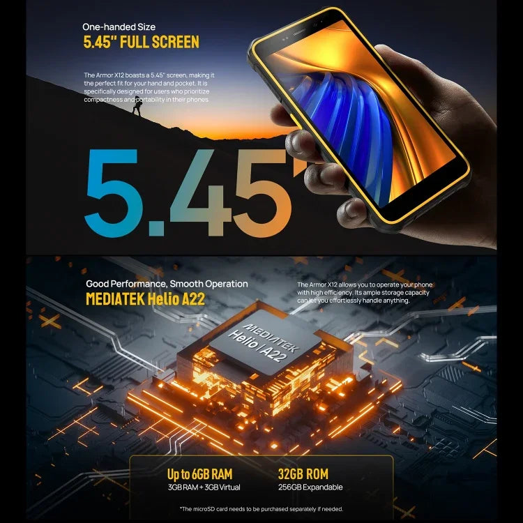 Ulefone Armor X12、耐衝撃スマホ、顔認証、5.45インチ Android 13 Go MediaTek Helio A22 クアッドコア、ネットワーク：4G、NFC、3GB+32GB