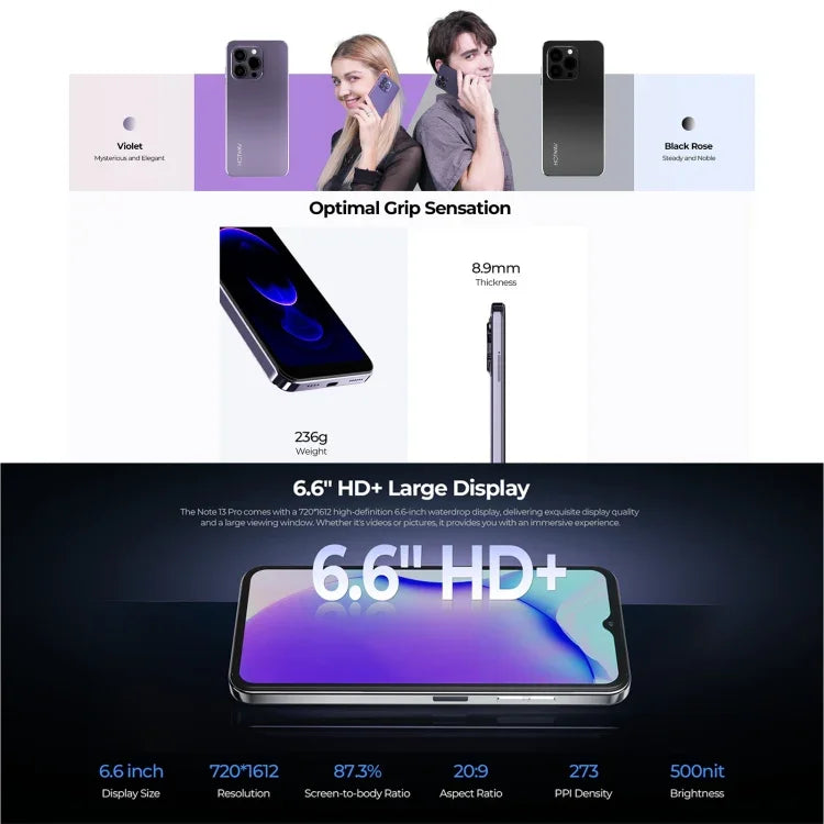 HOTWAV Note 13 Pro、側面指紋認証、6.6インチ Android 13 UMS9230 T606 オクタコア 最大1.6GHz、ネットワーク：4G、OTG、8GB+256GB