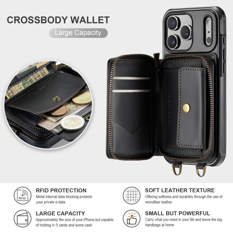 JEEHOOD C22 シリーズ ジッパー付き財布レザー電話ケース、デュアルストラップ付き、iPhone 17 Pro Max 用、iPhone 17 Pro 用、iPhone Air 用、iPhone 16 Pro Max 用、iPhone 16 Pro 用、iPhone 16 Plus 用、iPhone 16 用、iPhone 15 Pro Max 用