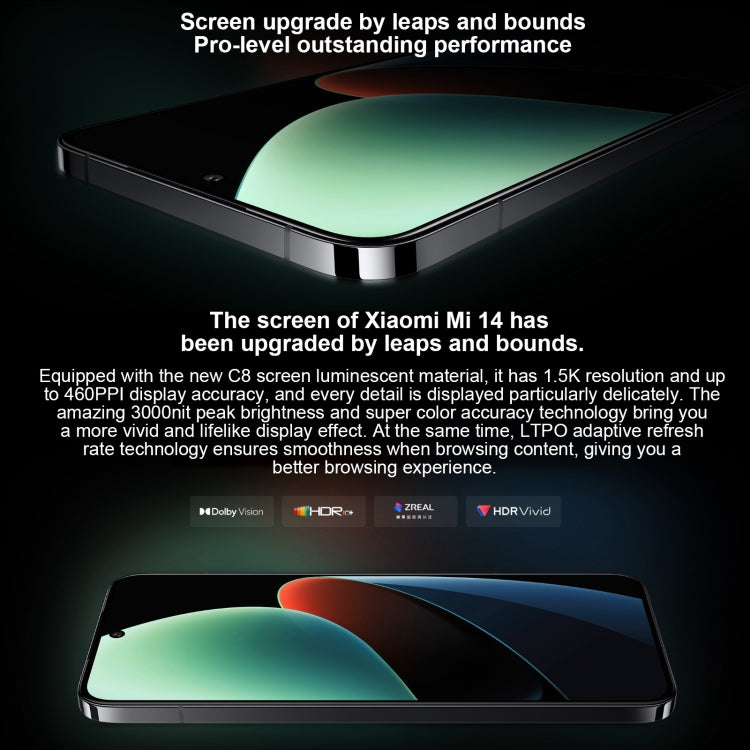 Xiaomi 14、6.36インチ Xiaomi HyperOS Snapdragon 8 Gen 3 オクタコア 4nm 最大3.3GHz、NFC、ネットワーク：5G、12GB+256GB、16GB+512GB、16GB+1TB