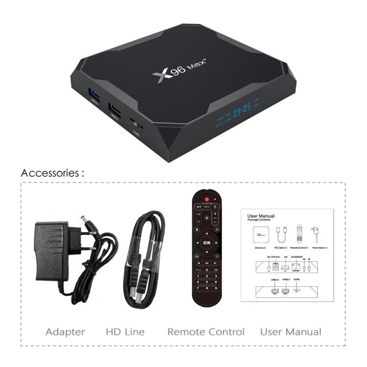 X96 max+ 4K スマートTVボックス リモコン付き、Android 9.0、Amlogic S905X3 クアッドコア Cortex-A55、2GB+16GB、LAN、AV、2.4G/5G WiFi、USBx2、TFカード対応、EUプラグ、UKプラグ、AUプラグ