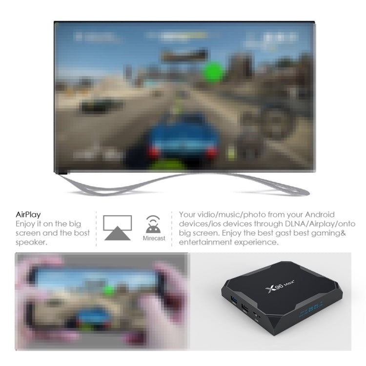X96 max+ 4K スマートTVボックス、Android 9.0、Amlogic S905X3 クアッドコア Cortex-A55、4GB+64GB、LAN、AV、2.4G/5G WiFi、USBx2、TFカード対応、EUプラグ、UKプラグ、AUプラグ