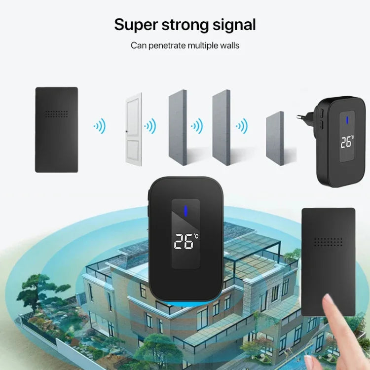 C303B 1対1家庭用ワイヤレスドアベル 温度デジタル表示 リモコン 高齢者用ペイジャー、USプラグ、EUプラグ、UKプラグ