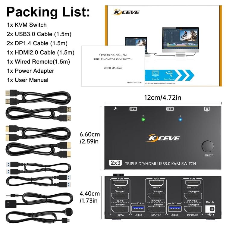 KC-KVM203DH 8K 30Hz USB3.0 DP+DP+HDMI トリプルモニター KVMスイッチ、EUプラグ、KC-KVM203DH