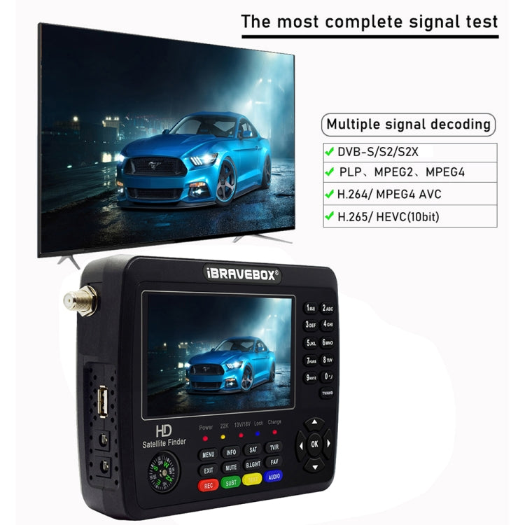 iBRAVEBOX V10 Finder Max+ 4.3インチディスプレイ デジタル衛星メーター信号ファインダー DVB-S/S2/S2X AHD対応, EUプラグ, USプラグ, UKプラグ, AUプラグ