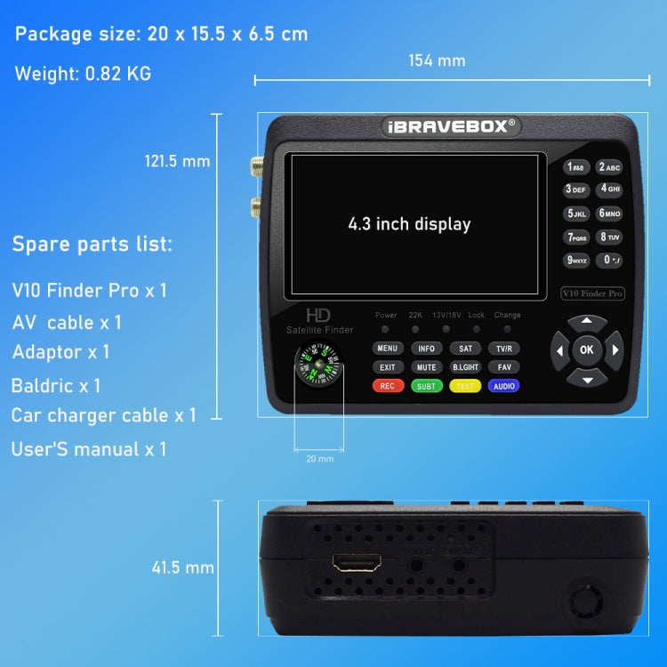 iBRAVEBOX V10 Finder Pro 4.3インチディスプレイ デジタル衛星メーター信号ファインダー DVB-S/S2/S2X/T/T2/C対応, EUプラグ, USプラグ, UKプラグ, AUプラグ