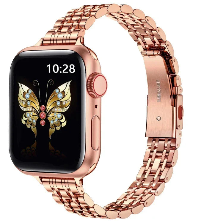スリムセブンビーズスリングショットバックル金属製時計バンド、Apple Watch SE 2023 44mm用、Apple Watch SE 2023 40mm用、Apple Watch Ultra 2 49mm用、Apple Watch Series 9 45mm用、Apple Watch Series 9 41mm用、Apple Watch Ultra 49mm用