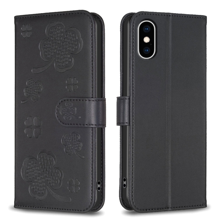 四つ葉の型押しレザー電話ケース、iPhone 11 Pro用、iPhone X / XS用、iPhone XR用、iPhone XS Max用、iPhone 7 Plus / 8 Plus用