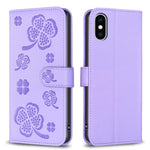 四つ葉の型押しレザー電話ケース、iPhone 11 Pro用、iPhone X / XS用、iPhone XR用、iPhone XS Max用、iPhone 7 Plus / 8 Plus用