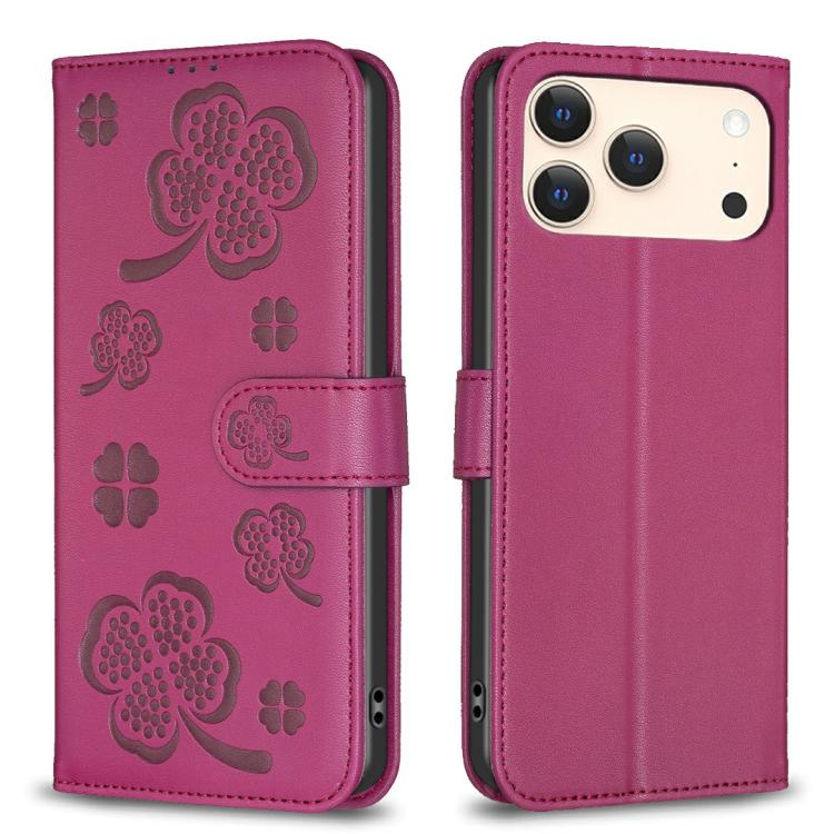四つ葉の型押しレザー電話ケース、iPhone 17 Pro Max用、iPhone 17 Pro用、iPhone 17用、iPhone Air用、iPhone 16 Pro Max用、iPhone 16 Pro用、iPhone 16 Plus用、iPhone 16用