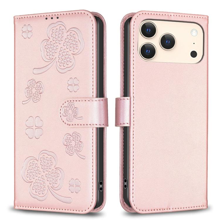 四つ葉の型押しレザー電話ケース、iPhone 17 Pro Max用、iPhone 17 Pro用、iPhone 17用、iPhone Air用、iPhone 16 Pro Max用、iPhone 16 Pro用、iPhone 16 Plus用、iPhone 16用