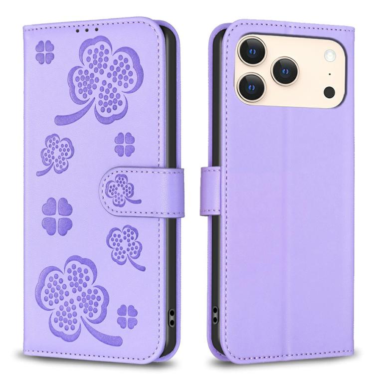 四つ葉の型押しレザー電話ケース、iPhone 17 Pro Max用、iPhone 17 Pro用、iPhone 17用、iPhone Air用、iPhone 16 Pro Max用、iPhone 16 Pro用、iPhone 16 Plus用、iPhone 16用