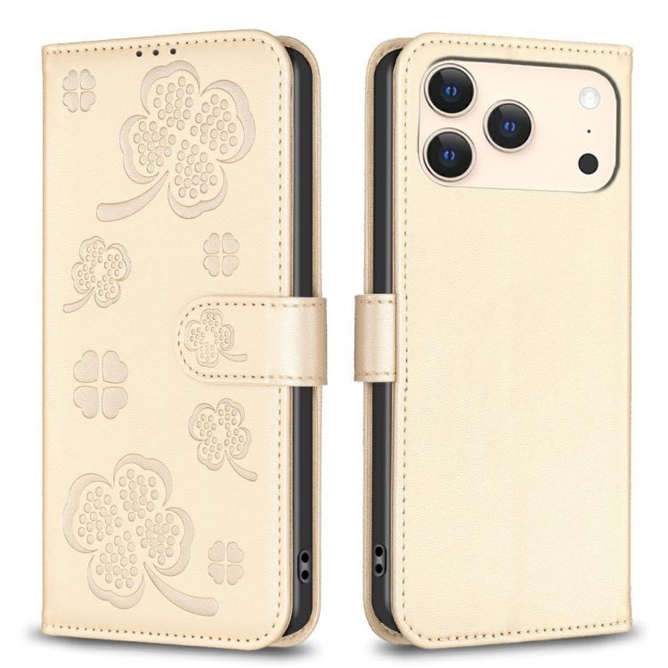 四つ葉の型押しレザー電話ケース、iPhone 17 Pro Max用、iPhone 17 Pro用、iPhone 17用、iPhone Air用、iPhone 16 Pro Max用、iPhone 16 Pro用、iPhone 16 Plus用、iPhone 16用