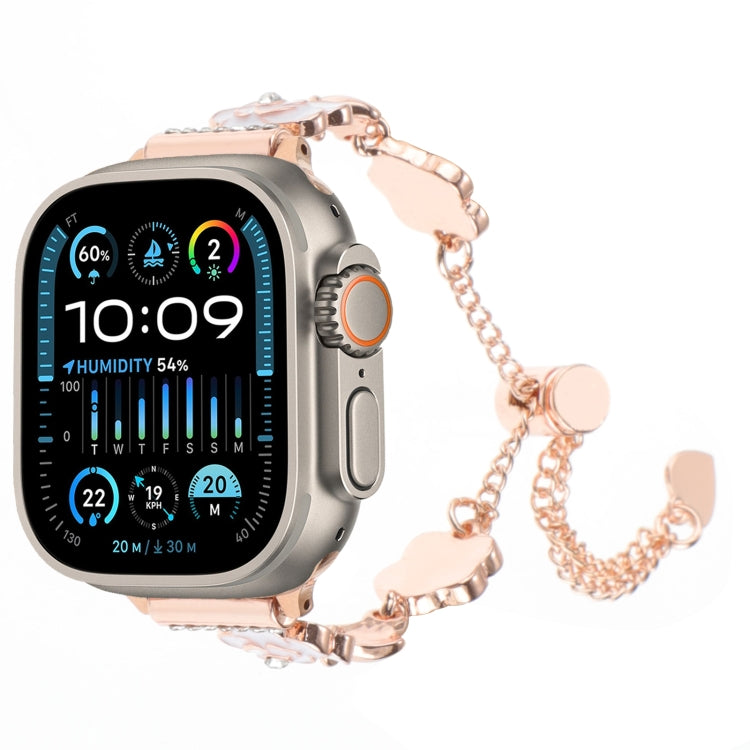 カメリアメタルチェーンブレスレットウォッチバンド、Apple Watch SE 2023 44mm用、Apple Watch SE 2023 40mm用、Apple Watch Ultra 2 49mm用、Apple Watch Series 9 45mm用、Apple Watch Series 9 41mm用、Apple Watch Ultra 49mm用、Apple Watch Series 8 41mm用