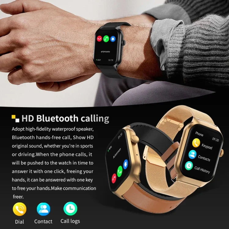 2.01インチ レザーストラップ Bluetooth通話スマートウォッチ 心拍数モニタリング対応 / 非侵襲血糖測定、レザーストラップ ブラック、レザーストラップ ブラウン