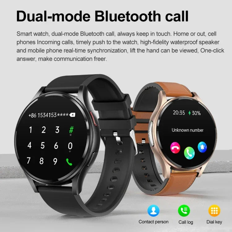 1.43インチ レザーストラップ Bluetooth通話スマートウォッチ ECG対応 / 非侵襲血糖測定、レザーストラップ ブラック、レザーストラップ ブラウン