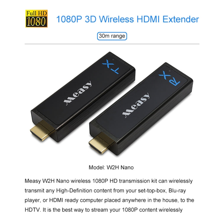 Measy W2H Nano 1080P HDMI 1.4 3D ワイヤレス HDMI オーディオビデオ送受信機エクステンダー、伝送距離：30m、USプラグ、EUプラグ、AUプラグ、UKプラグ