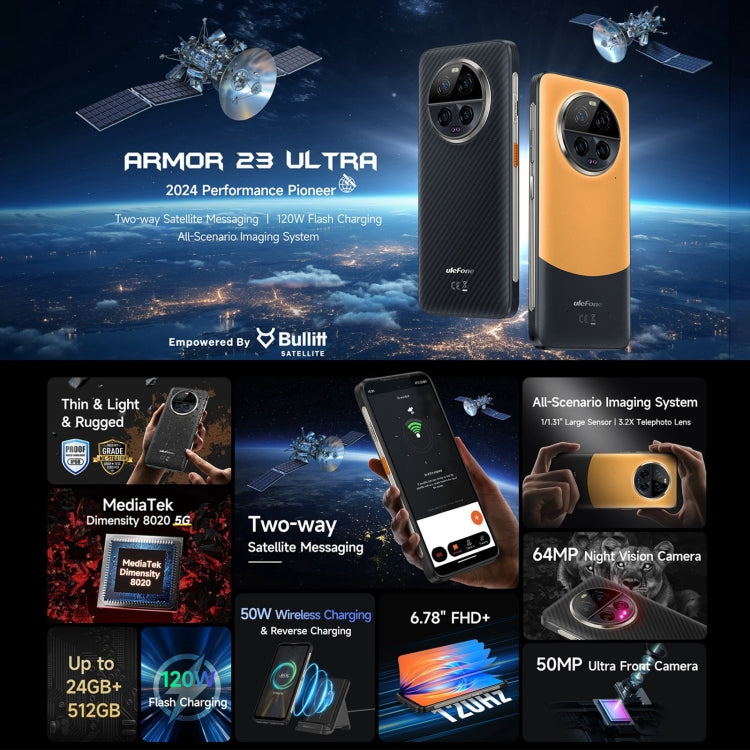 Ulefone Armor 23 Ultra 頑丈スマホ、6.78インチ Android 13 MediaTek Dimensity 8020 オクタコア 最大2.6GHz、ネットワーク：5G、NFC、OTG、衛星メッセージング、12GB+512GB