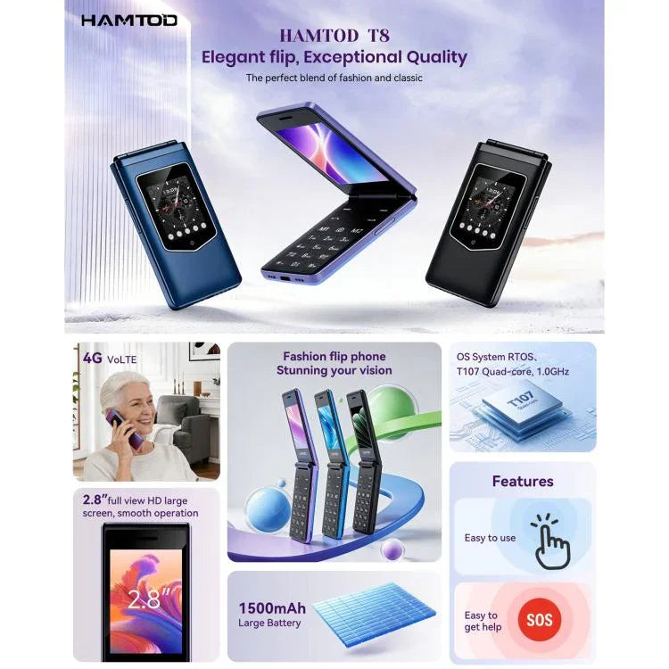 HAMTOD T8 4G 折りたたみ式携帯電話、2.8インチ + 1.77インチ、VoLTE、BT、SOS、OTG、EU版