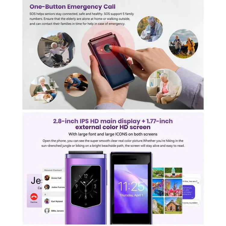 HAMTOD T8 4G 折りたたみ式携帯電話、2.8インチ + 1.77インチ、VoLTE、BT、SOS、OTG、EU版