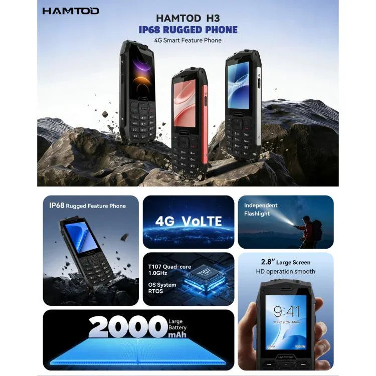 HAMTOD H3 頑丈スマホ、2.8インチ T107 ARM CortexTM A7 クアッドコア 1.0GHz、ネットワーク：4G、VoLTE、BT、SOS、EU版