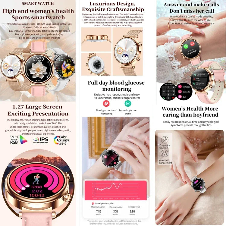 T86 女性向けヘルス 1.27インチスマートウォッチ、BT通話 / 生理周期 / 心拍数 / 血圧 / 血糖 / SOS対応