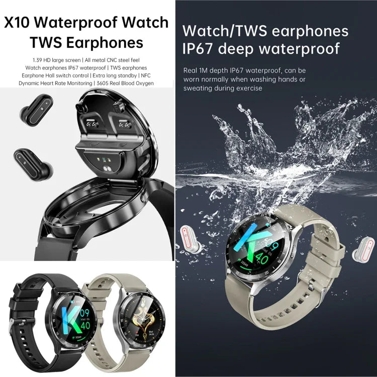 X10 ヘッドホン スマートウォッチ 1.39インチ 防水ブレスレット、Bluetooth通話 / NFC / 心拍数対応