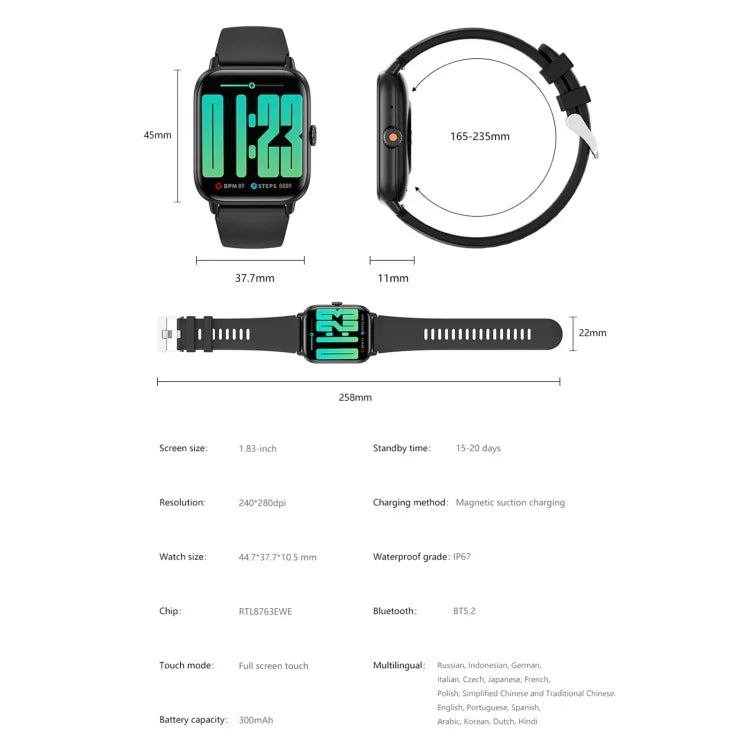 QS13 1.83インチ BT5.2 スマートスポーツウォッチ、Bluetooth通話 / 睡眠 / 血糖値 / 血中酸素 / 心拍数 / 血圧健康モニター対応